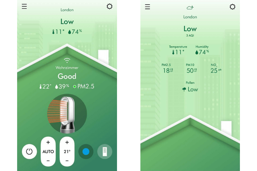 The Dyson Link app shows various data on air quality in the living room and outside the home.